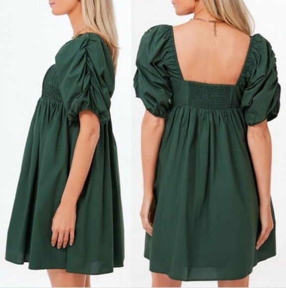 HYACINTH HOUSE Sasha Babydoll Mini Dress Emerald Puff Sleeves Square Neck Sz LG - Picture 6 of 14